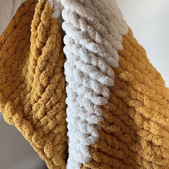 32”x32” Sunflower Yellow & Ivory Stripes Chenille Hand Knit Chunky Plush Blanket - Picture 2 of 5